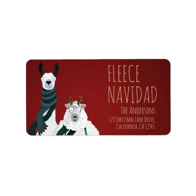 Festive Red Funny Llama & Sheep ‘Fleece Navidad’  Adressaufkleber (Vorne)