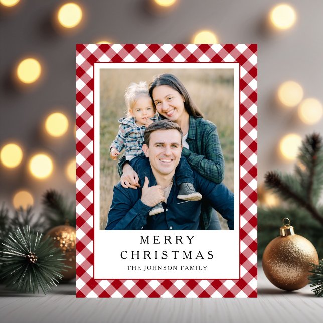 Festive Red Gingham Photo Christmas Feiertagskarte (Festive Red Gingham Photo Christmas Holiday Card)