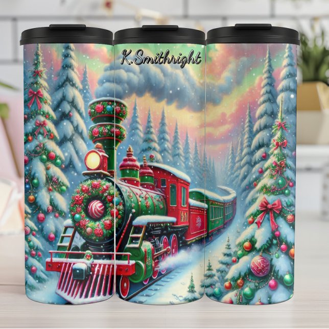 Festive Red Green Forest Train Thermosbecher (Von Creator hochgeladen)
