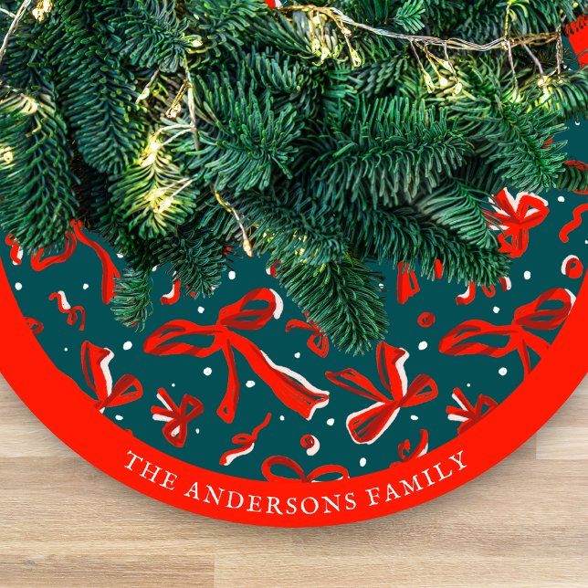 Festive Red & Green Hand Drawn Bows and Ribbons Fleece Weihnachtsbaumdecke (Von Creator hochgeladen)