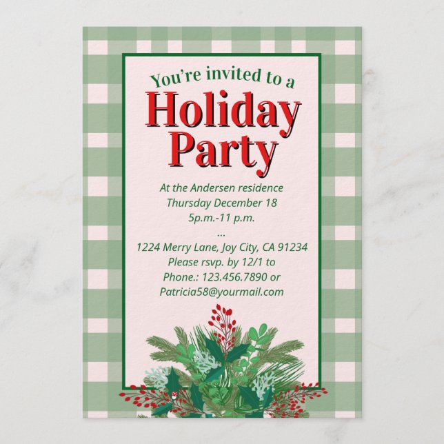 Festive red  & green plaid holiday party einladung (Vorderseite)