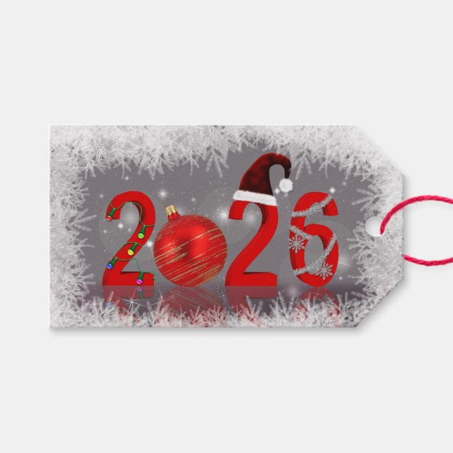 Festive Red Merry Christmas 2026 New Year Geschenkanhänger (Vorderseite (Horizontal))