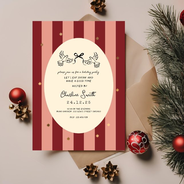Festive Red Pink Striped Holiday Party Invitation (Créateur téléchargé)