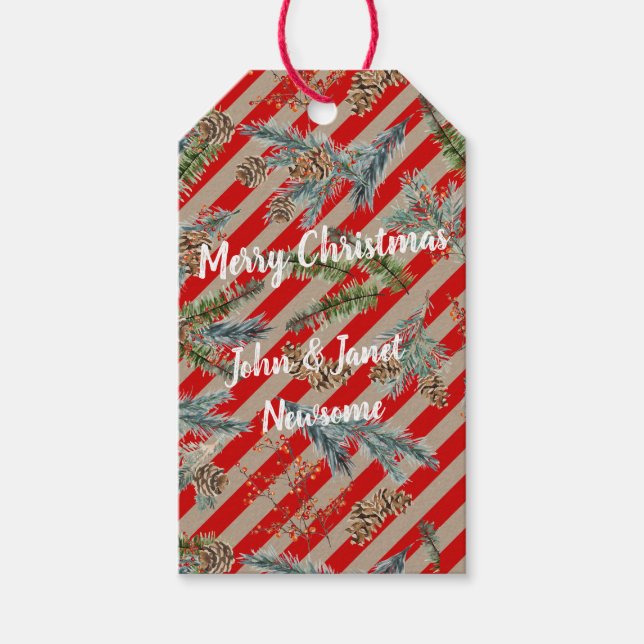 Festive Red Stripe Pine Spruce Cones Kraft Holiday Geschenkanhänger (Vorderseite)