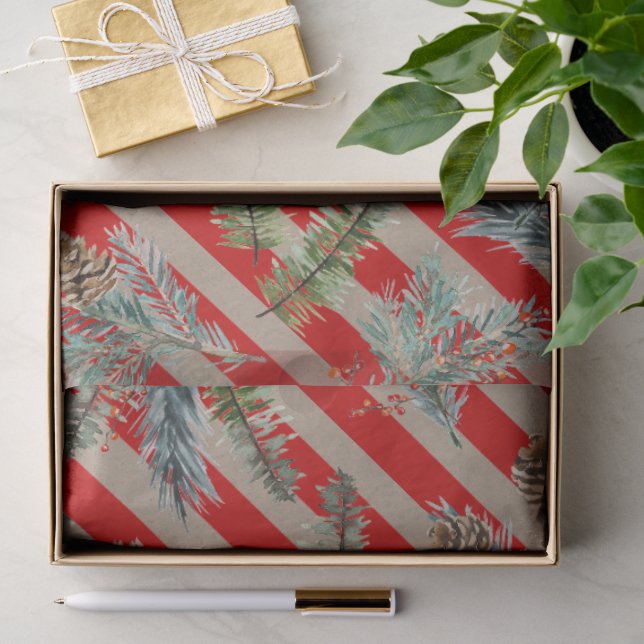 Festive Red Stripe Pine Spruce Cones Kraft Holiday Seidenpapier (Geschenk)