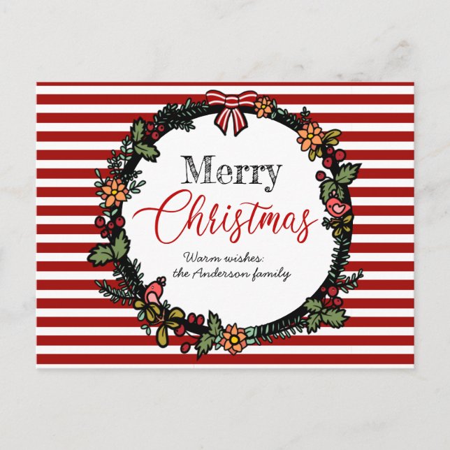 Festive Red Stripes Holly Wreath Frohe Weihnachten Postkarte (Vorderseite)