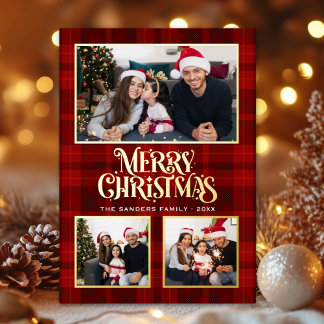 "Festive Red Tartan Christmas Card with Gold Foil Folien Feiertagskarte