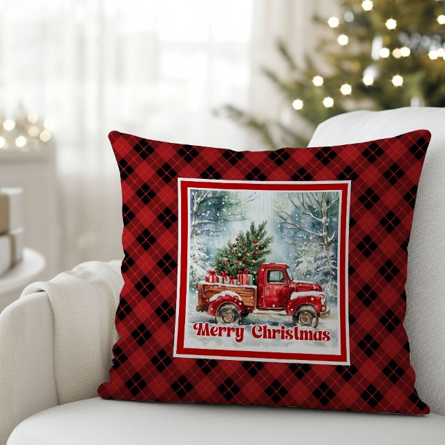 Festive red truck Christmas scene rustic bold  Kissen (Festive red truck Christmas scene rustic bold pillow tag

)
