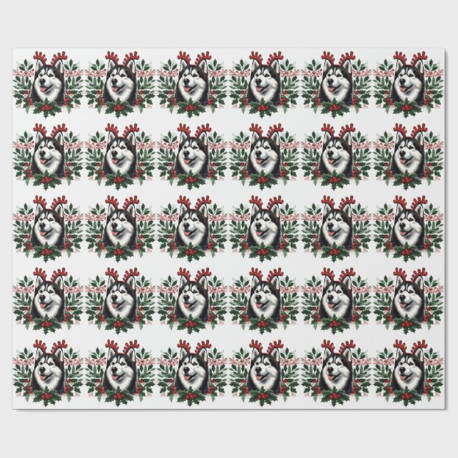 Festive Rentier Siberian Husky Dog Weihnachten Geschenkpapier (Flach)