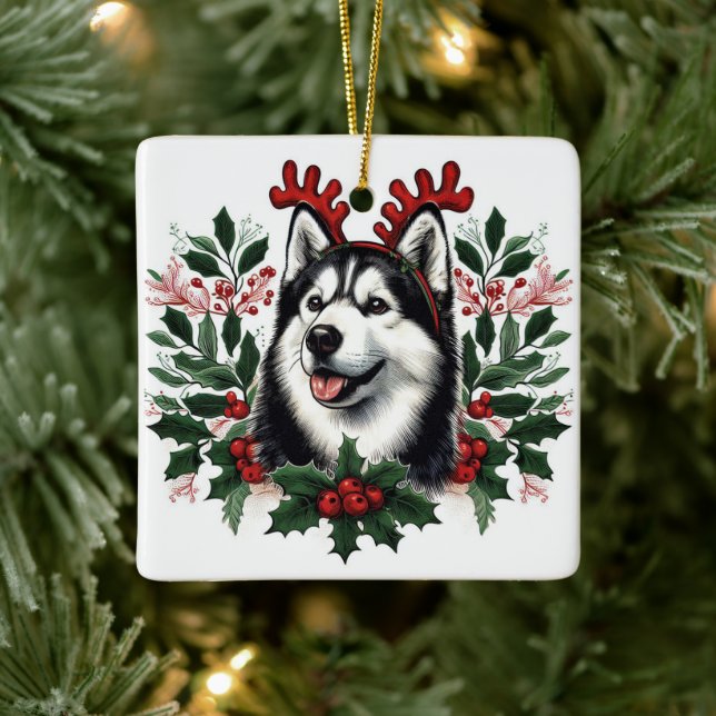 Festive Rentier Siberian Husky Dog Weihnachten Keramikornament (Baum)