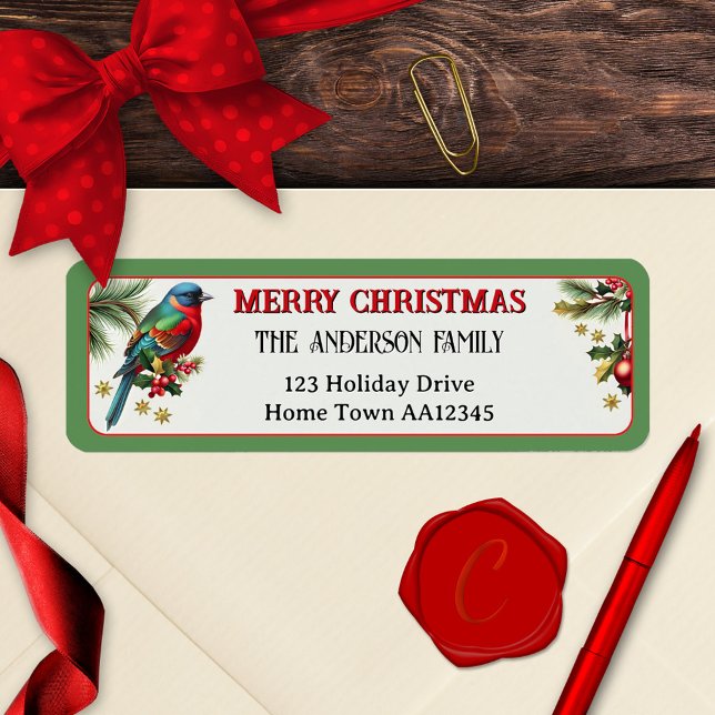 Festive Robin Frohe Weihnachts-Rücksendeadresse La (Merry Christmas return address label featuring a cute colorful robin with festive stars and holly)