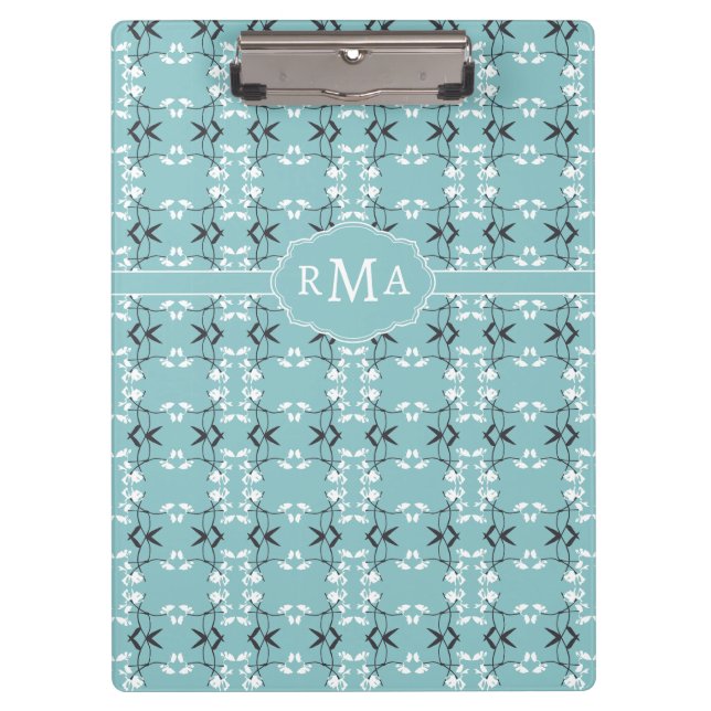 Festive Royal Botanical Robin's Egg Blue Monogram Klemmbrett (Vorderseite)