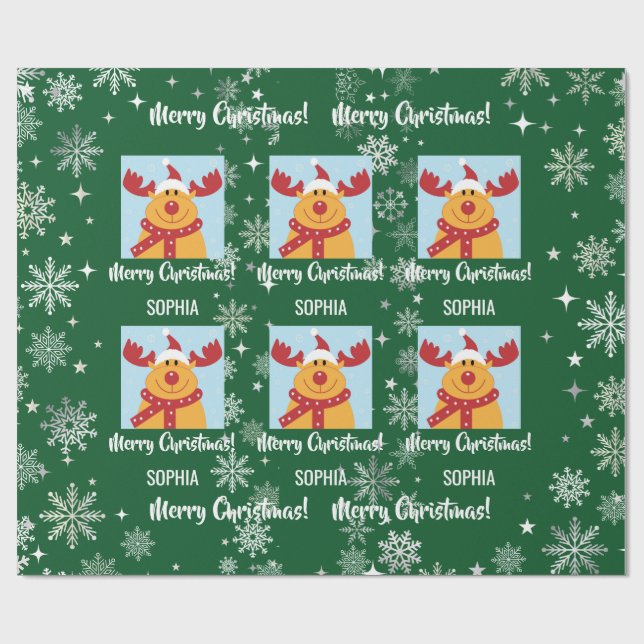 Festive Rudolph Reindeer Snow Personalized Xmas Geschenkpapier (Flach)
