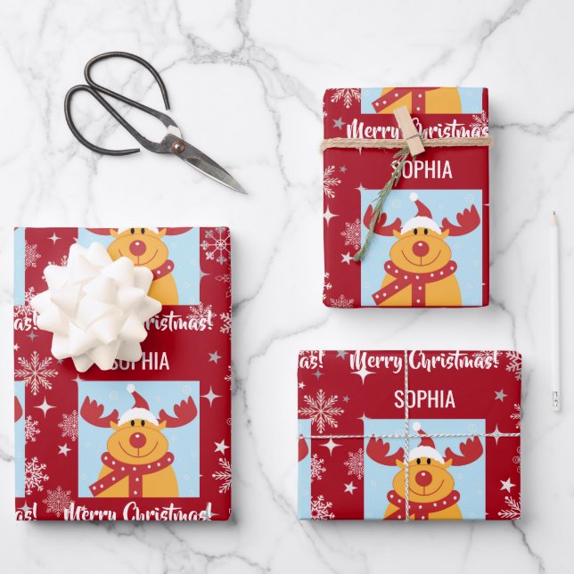 Festive Rudolph Reindeer Snow Personalized Xmas Geschenkpapier Set (Vorderseite)