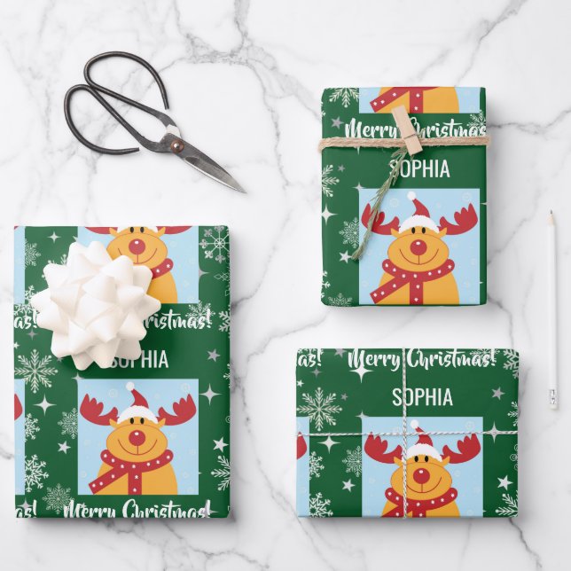 Festive Rudolph Reindeer Snow Personalized Xmas Geschenkpapier Set (Vorderseite)