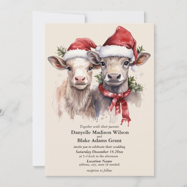 Festive Santa Hat Cow Calves Christmas Wedding  Einladung (Vorderseite)