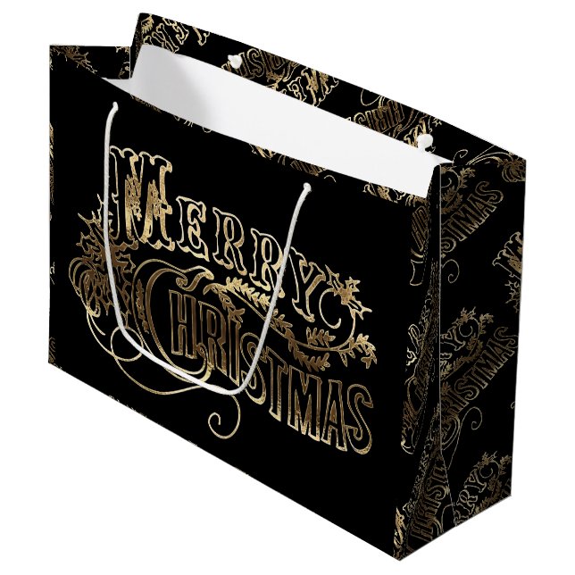 Festive Schwarz und Gold Look Script Frohe Weihnac Große Geschenktüte (Vorderseite Schrägansicht)