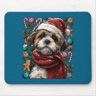 Festive Shih Tzu With Santa Hat Snowy Winter Chris Mousepad