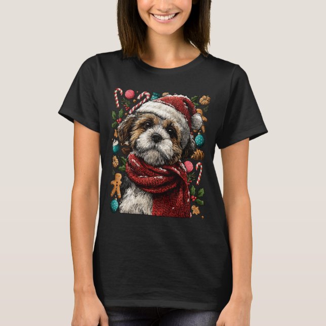 Festive Shih Tzu With Santa Hat Snowy Winter Chris T-Shirt (Vorderseite)
