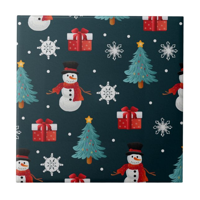 Festive Snowmen Christmas Trees and Gifts Pattern Fliese (Vorderseite)