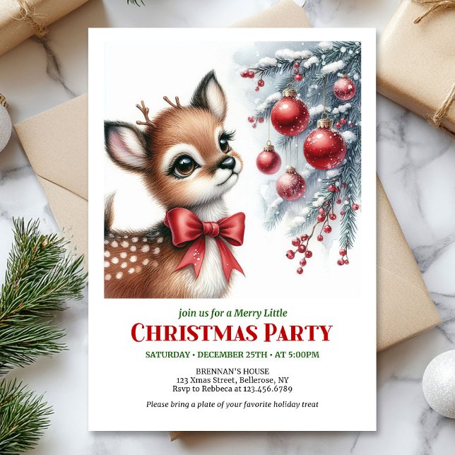 Festive snowy forest baby deer Christmas invites Einladung (Festive snowy forest baby deer Christmas invitation printable)