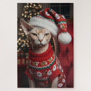 Festive Sphynx-Katze im Weihnachtsmann-Pullover We
