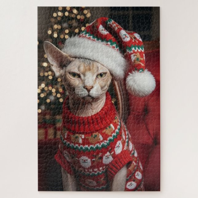 Festive Sphynx-Katze im Weihnachtsmann-Pullover We (Vertikal)