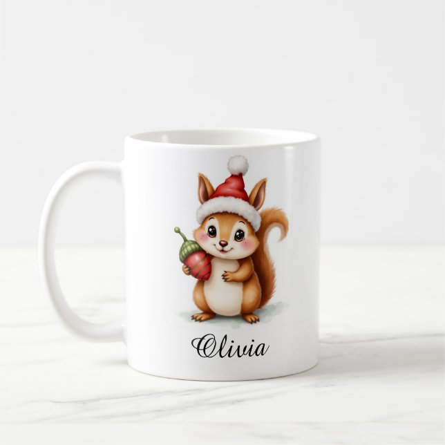 Festive Squirrel in Santa Hat Custom Name Mug (Gauche)