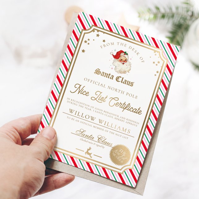 Festive Strip Nice List Certificate Foil Card Folieneinladung (The Nice List Approved Certificate Festive Strip Zazzle)