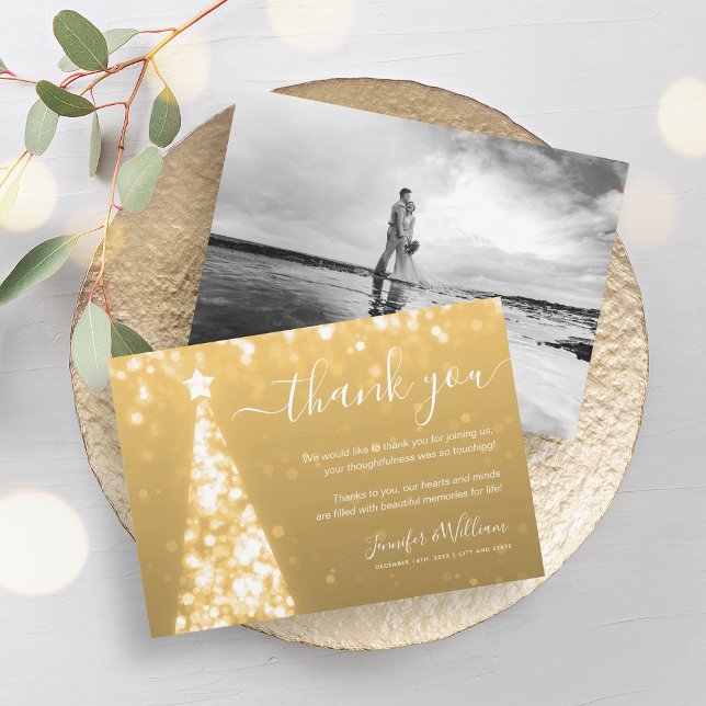 Festive Tree Gold Wedding Foto Vielen Dank Einladung (Festive Tree Gold Wedding Photo Thank You Invitation)