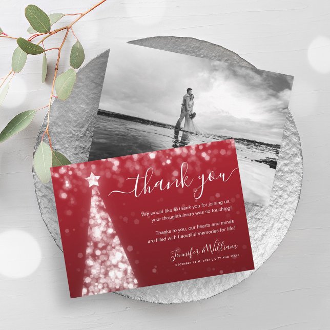 Festive Tree Silver Red Wedding Foto Vielen Dank Einladung (Festive Tree Silver Red Wedding Photo Thank You Invitation)
