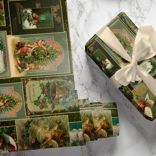 Festive Vintage Weihnachtskarte Collage Green BG Geschenkpapier (Von Creator hochgeladen)