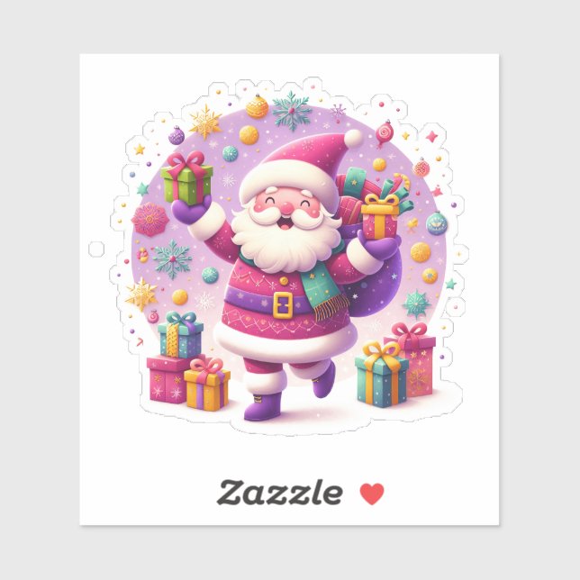 Festive Violet Christmas Sticker With Joyful Santa (Feuille)