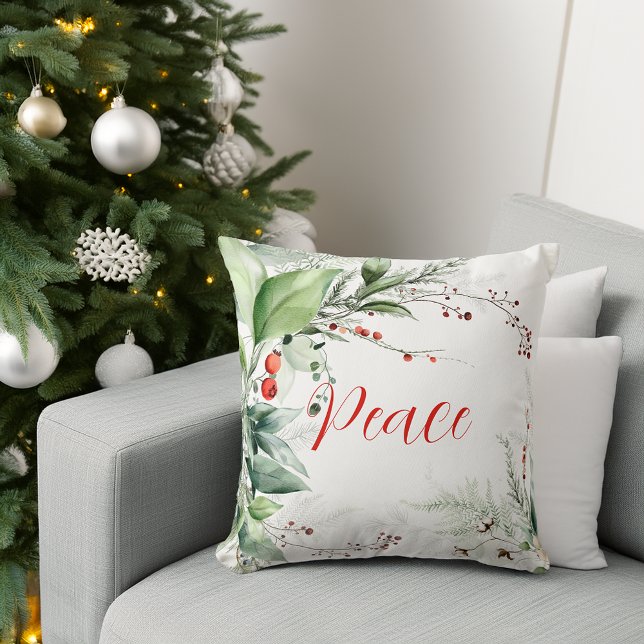 Festive Watercolor Greenery Christmas Peace Kissen (Festive Watercolor Greenery Christmas Peace Throw Pillow)