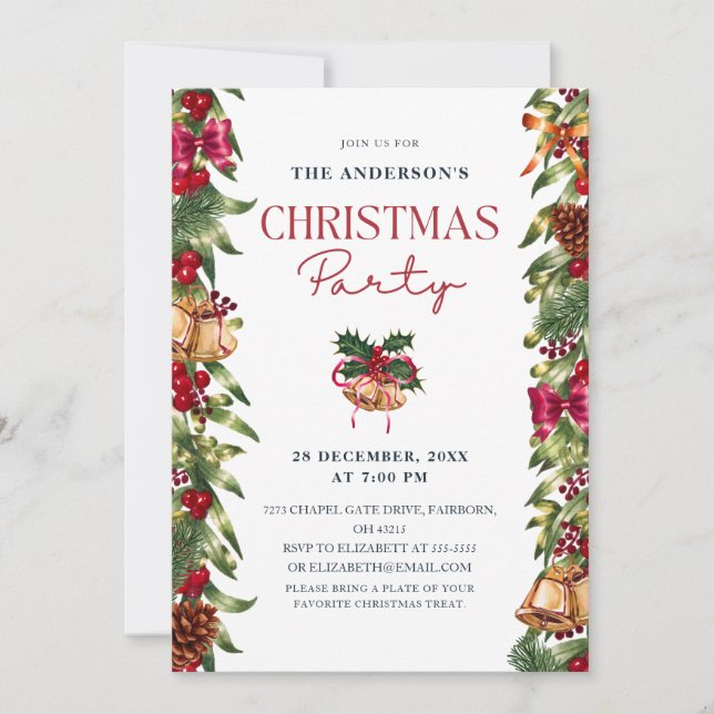 Festive Watercolor Pines Berries Christmas Party Einladung (Vorderseite)