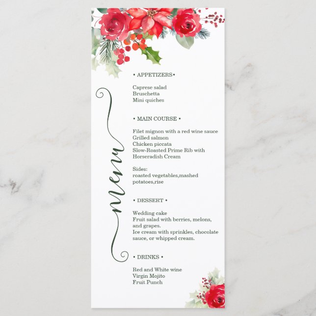 Festive Watercolor Rose Poinsettia Holiday Wedding Menükarte (Vorderseite)