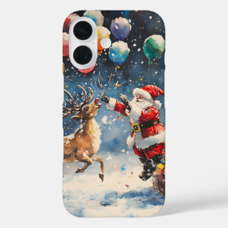 Festive Watercolor Santa Reindeer Colorful Balloon iPhone 16 Hülle