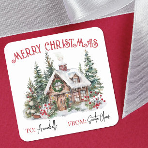 Festive Watercolor Weihnachts Geschenkanhänger Auf Quadratischer Aufkleber