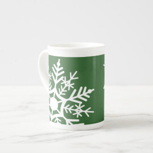 Festive Weihnachtszeit Weiß & Grün Schnee Sterne Prozellantasse