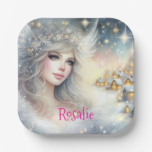 Festive White Watercolor Ethereal Frost Snow Angel Pappteller (Vorderseite)