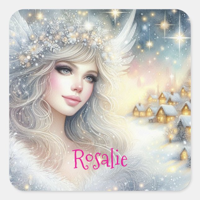 Festive White Watercolor Ethereal Frost Snow Angel Quadratischer Aufkleber (Vorderseite)