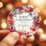 Festive Winter Florals Christmas  Runder Aufkleber<br><div class="desc">Elegant Christmas Stickers featuring winter florals - poinsettias,  in rich shades of red,  burgundy,  creams and ivory,  festive berries and lush greenery. All text is easy to customize.</div>