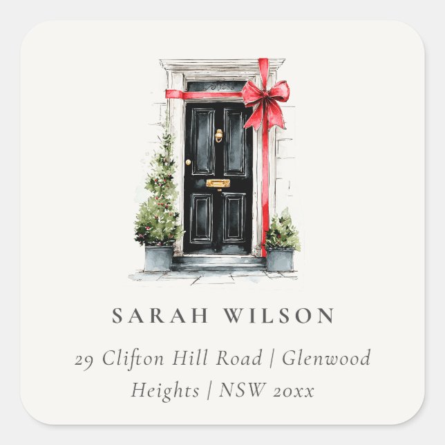 Festive Winter Watercolor Front Door Address Quadratischer Aufkleber (Vorderseite)