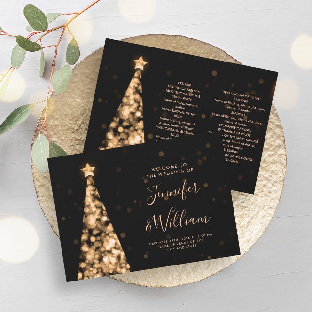 Festive Xmas Tree Gold Wedding Programme (Festive Xmas Tree Gold Wedding Program)