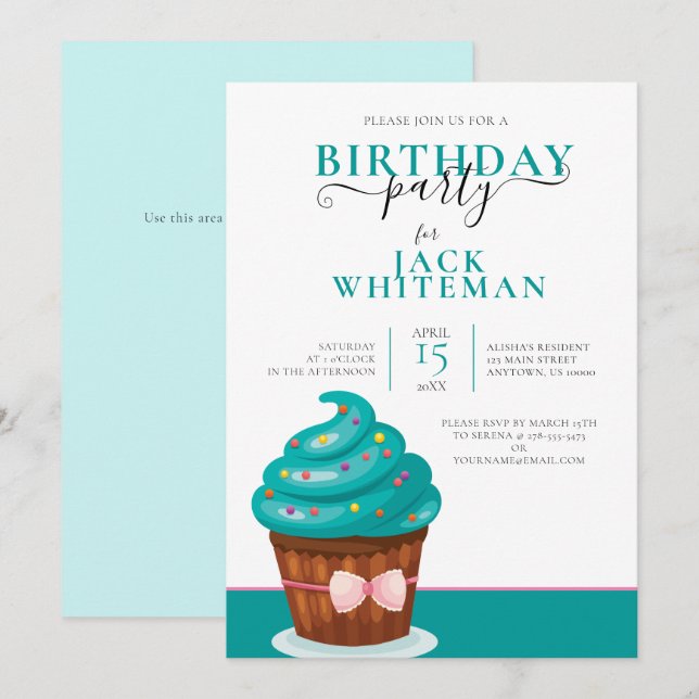 FESTIVER AQUAMARINER KUPCAKE BIRTHDAY EINLADUNG (Vorne/Hinten)