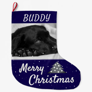 Festiver blauer Hund Haustier Name und Foto Großer Weihnachtsstrumpf