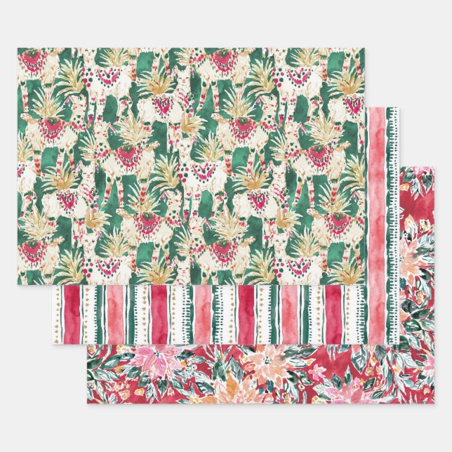 FESTIVER URLAUB Llama Poinsettia Stripe Red Green Geschenkpapier Set (Set)