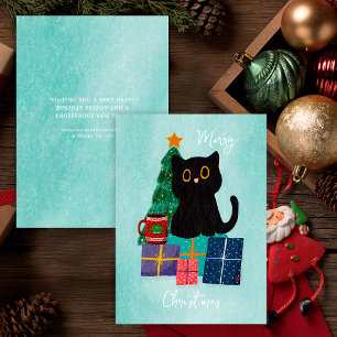 Festives Blau Frohe Weihnachten Süße schwarze Katz
