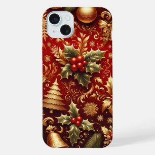 FESTIVES ROT & GOLD CHRISTMAS BÄUME HOLLY iPhone 15 PLUS HÜLLE