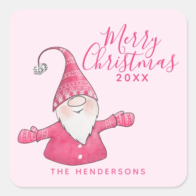 Festivrosa Niedlich Gnome Custom Frohe Weihnachten Quadratischer Aufkleber (Vorderseite)